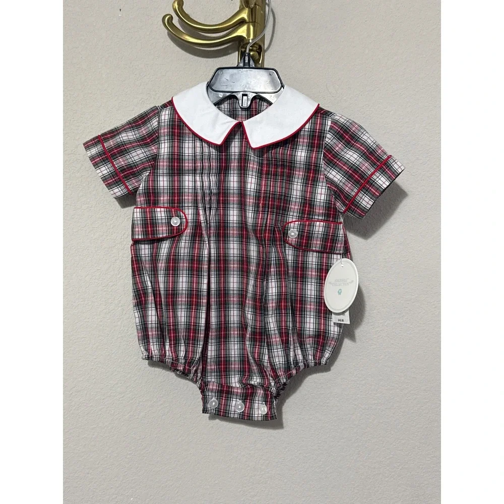 Edgehill Collection Plaid Bubble Romper Baby Boy 3M Red White Tartan Holiday